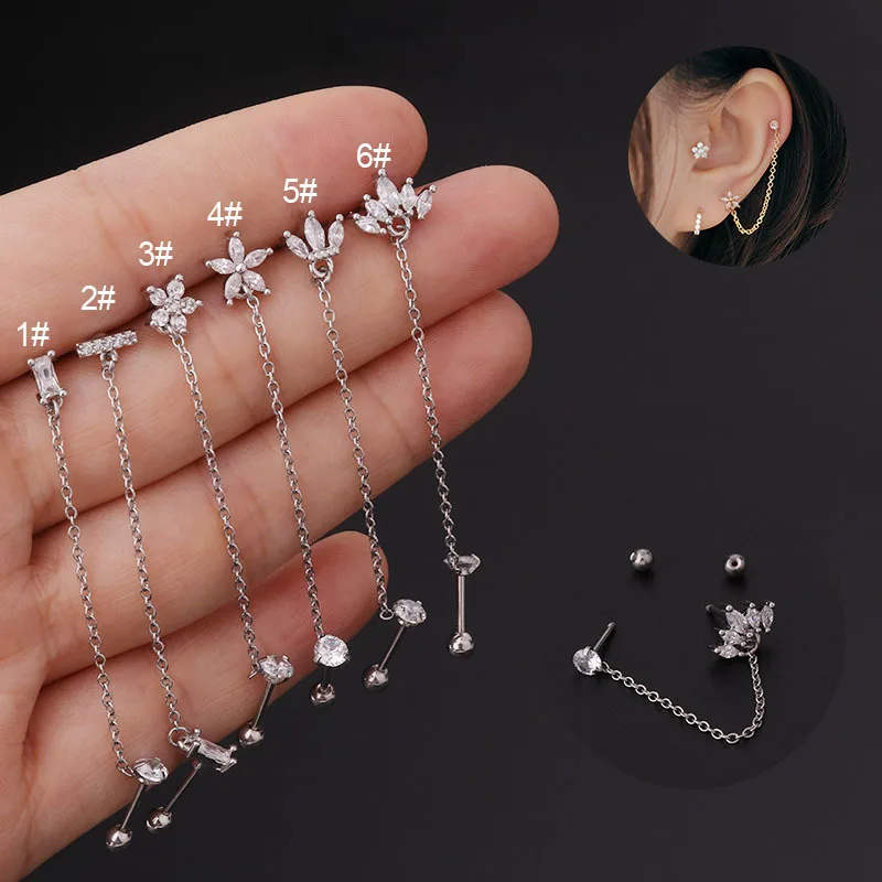 

1Piece Korean Fashion Double Pierced Chain Stud Earrings for Women 2021 Trend Jewelry Piercing Flower Zircon Earrings for Teens