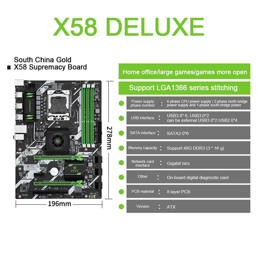 Brand New HUANANZHI X58 Deluxe Computer Motherboard ATX Three Channels DDR3 16G USB 3.0 Desktop Mainboard For LGA1366 Series CPU
Brand New HUANANZHI X58 Deluxe Computer Motherboard ATX Three Channels DDR3 16G USB 3.0 Desktop Mainboard For LGA1366 Series CPU