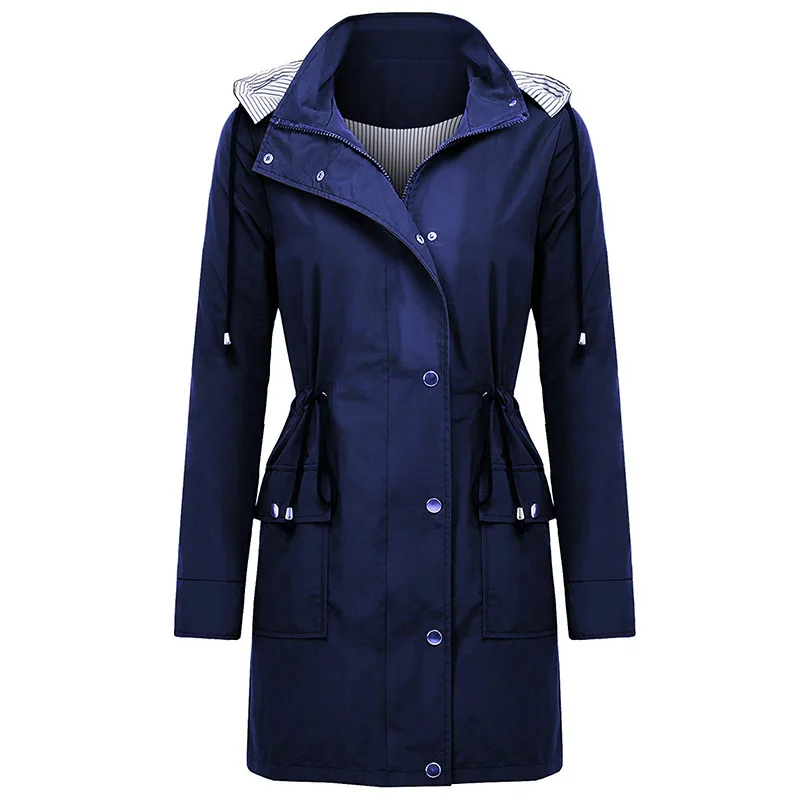 Women Trench Coat Waterproof Solid Color Moda Feminina Hooded Autumn Collect Waist Design Long Sleeve Trench Coat Outwear 
Women Trench Coat Waterproof Solid Color Moda Feminina Hooded Autumn Collect Waist Design Long Sleeve Trench Coat Outwear