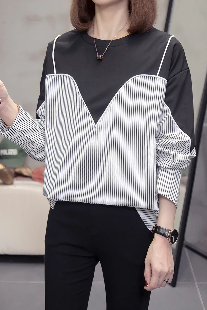 COIGARSAM 4XL Plus Size Full Sleeve blouse women New Striped Patchwork blusas womens tops and blouses Gray Black 2188
COIGARSAM 4XL Plus Size Full Sleeve blouse women New Striped Patchwork blusas womens tops and blouses Gray Black 2188