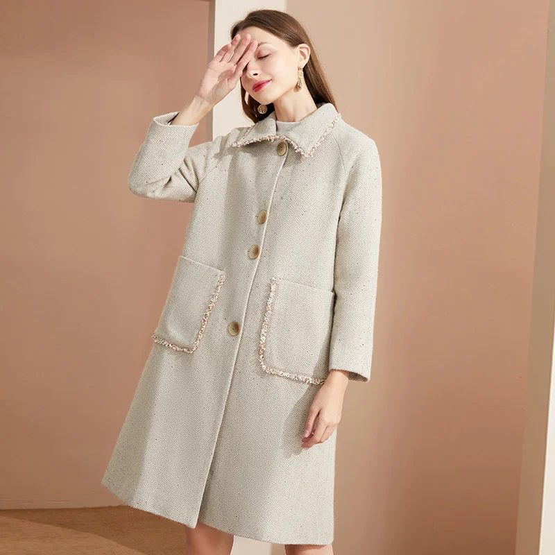 

Hepburn wind wool coat 2021 spring new high-end temperament wool tweed medium and long coat women's windbreaker