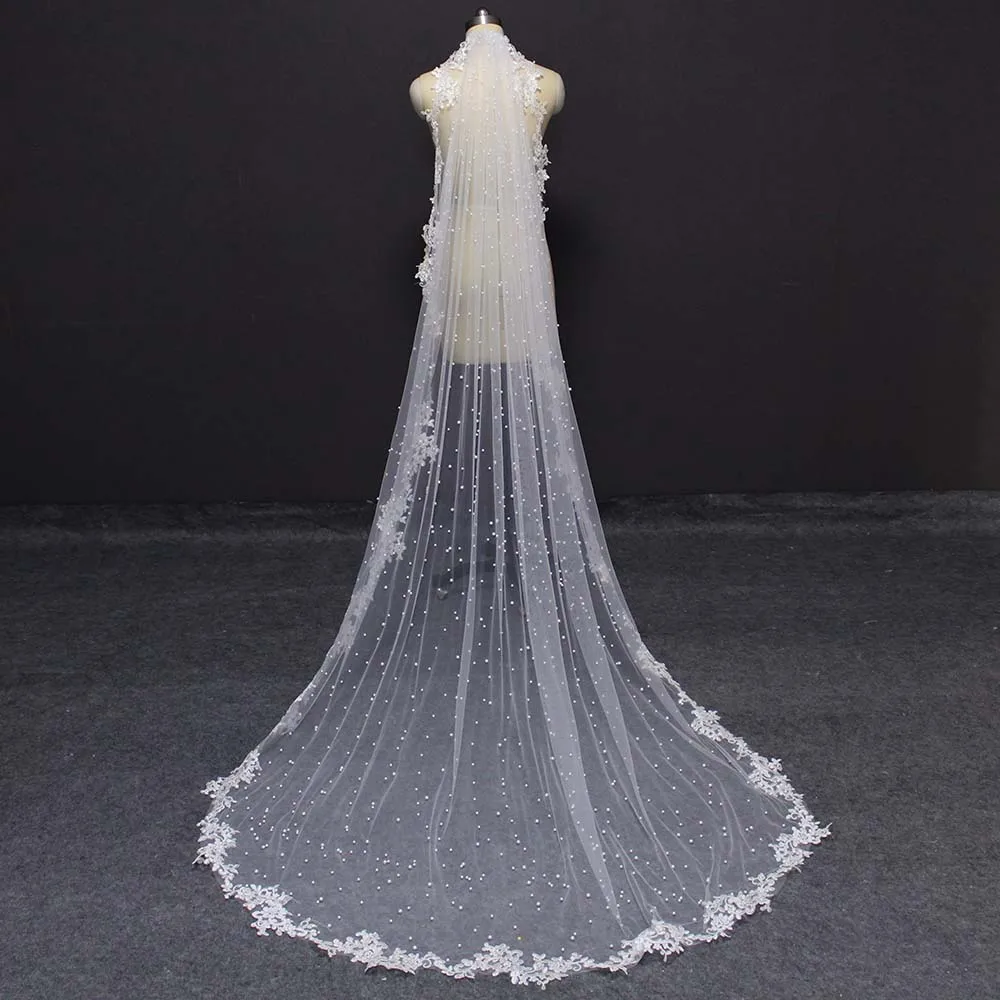 Высокое качество жемчуг свадебная фата с кружевной аппликацией Платье для