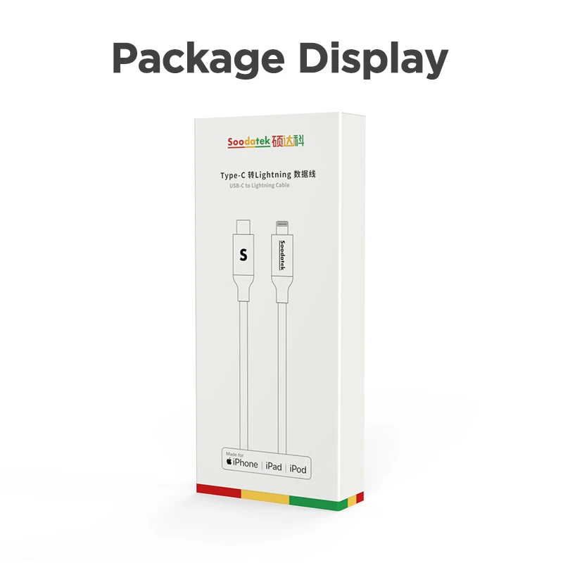 Soodatek 20W PD Fast USB C to Lightning Cable MFi High-Speed Data Transfer Support Fast Charging Made for Iphone Ipad Ipod
Soodatek 20W PD Fast USB C to Lightning Cable MFi High-Speed Data Transfer Support Fast Charging Made for Iphone Ipad Ipod
