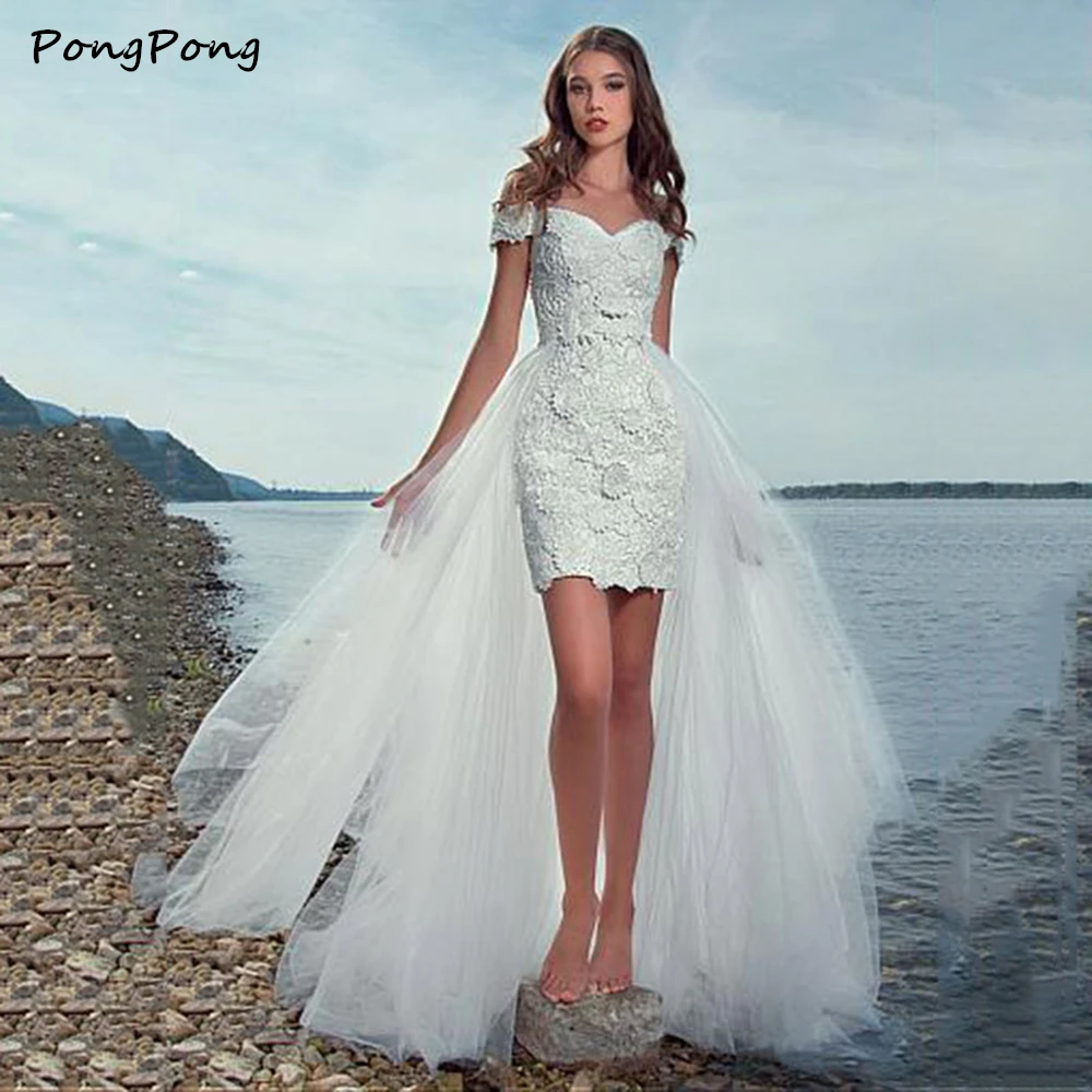

Пляжное Короткое свадебное платье 2021 со съемным шлейфом и кружевной аппликацией для невесты 2 в 1 Vestidos de Noiva