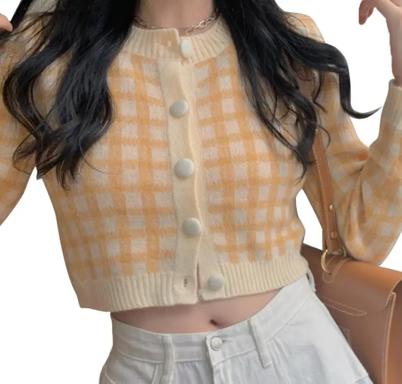 Y2K Women Knit Crop Tops Casual Long Sleeve Button Down Plaid Print Slim Fit Cardigan Spring Fall Streetwear
Y2K Women Knit Crop Tops Casual Long Sleeve Button Down Plaid Print Slim Fit Cardigan Spring Fall Streetwear