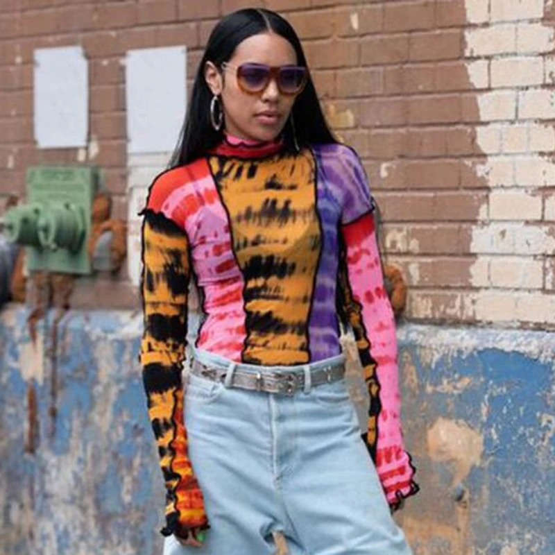 Fashion Mesh Colorful Print Ruffle Tops Womens Basic T-Shirts 2021 Autumn Hot Sale Thin Slim Street Casual Tee Shirts Mujer 
Fashion Mesh Colorful Print Ruffle Tops Womens Basic T-Shirts 2021 Autumn Hot Sale Thin Slim Street Casual Tee Shirts Mujer