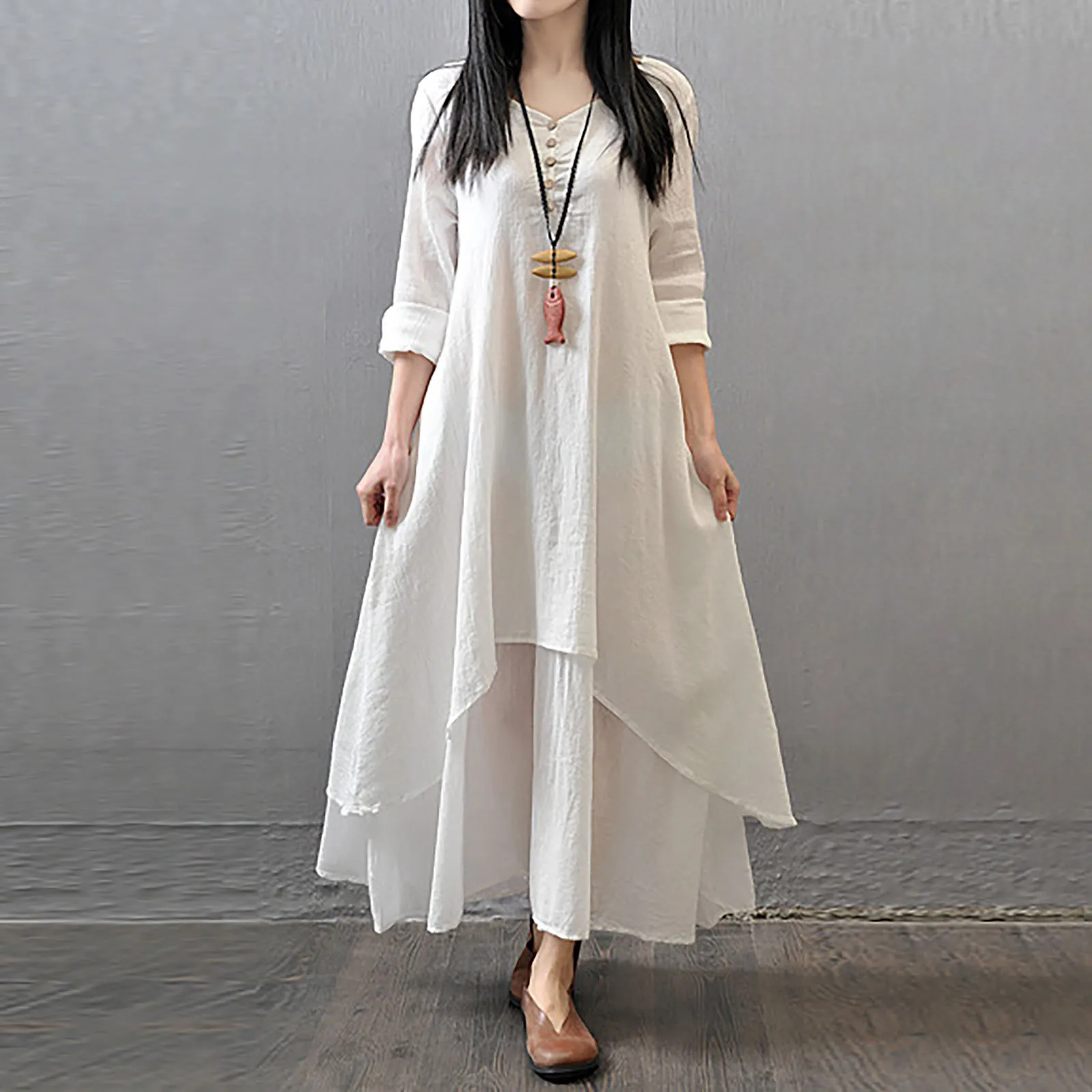 2021 Vintage Women Summer Linen O-neck Double Layer Buttoned Loog Asymmetric Maxi Dresses Pure Color Temperament Irregular Dress
2021 Vintage Women Summer Linen O-neck Double Layer Buttoned Loog Asymmetric Maxi Dresses Pure Color Temperament Irregular Dress