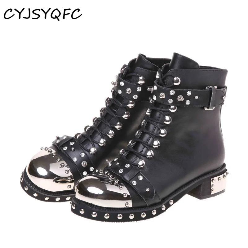CYJSYQFC High Quality Black Genuine Leather Women Ankle Boots Sexy Rivets Lace Up Chunky Heels Platform Short Boots Punk Gothic
CYJSYQFC High Quality Black Genuine Leather Women Ankle Boots Sexy Rivets Lace Up Chunky Heels Platform Short Boots Punk Gothic