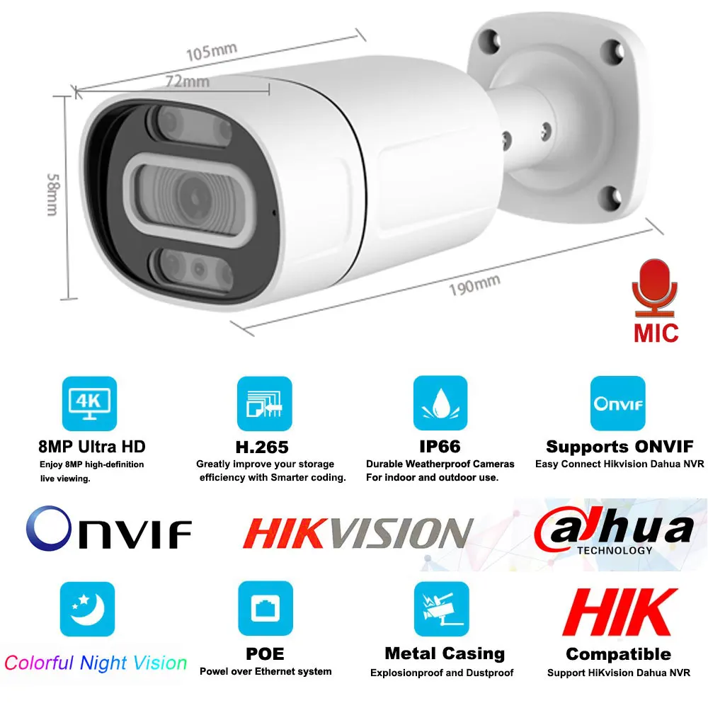 8 МП 4K POE IP-камера IP66 Водонепроницаемая наружная H.265 Onvif цветная Металлическая