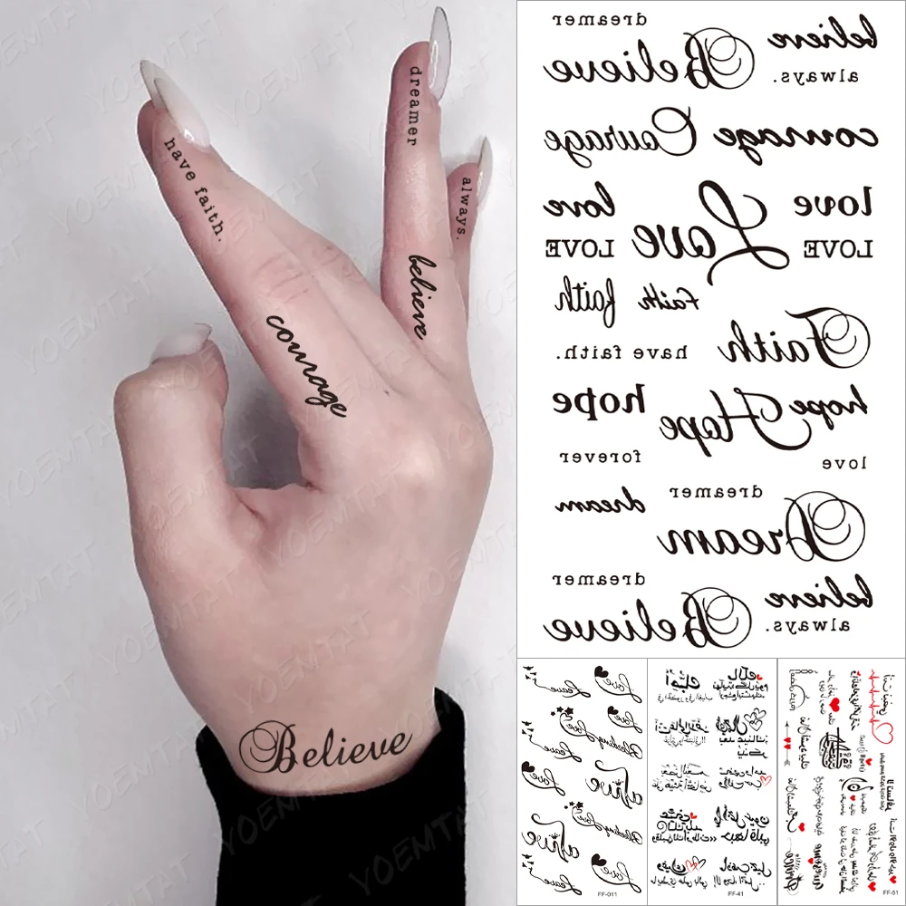 Faith Dream Believe Hope Aterproof Temporary Tattoo Sticker Black Text Word Letter Body Art Arm Couple Fake Tatoo For Women Men
Faith Dream Believe Hope Aterproof Temporary Tattoo Sticker Black Text Word Letter Body Art Arm Couple Fake Tatoo For Women Men