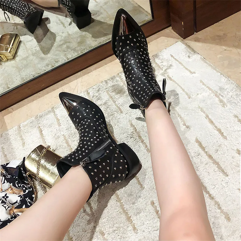 Meotina Women Short Boots Shoes Rivet Genuine Leather Mid Heel Ankle Boots Pointed Toe Block Heel Zip Boots Lady Autumn White 43 
Meotina Women Short Boots Shoes Rivet Genuine Leather Mid Heel Ankle Boots Pointed Toe Block Heel Zip Boots Lady Autumn White 43