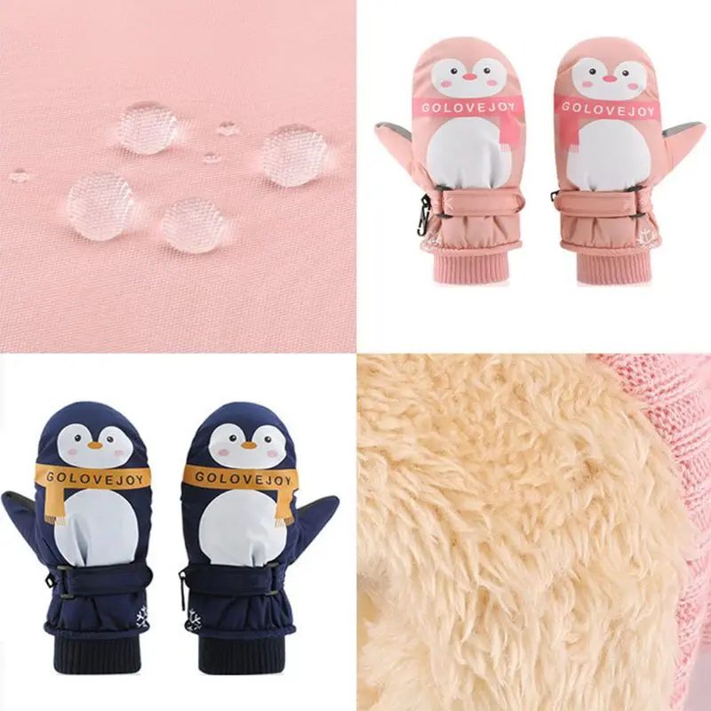 

Kids Cartoon Penguin Waterproof Gloves Double Layer Ribbed Cuff Adjustable Anti-Slip Winter Ski Windproof Mittens 7-12T NEW
