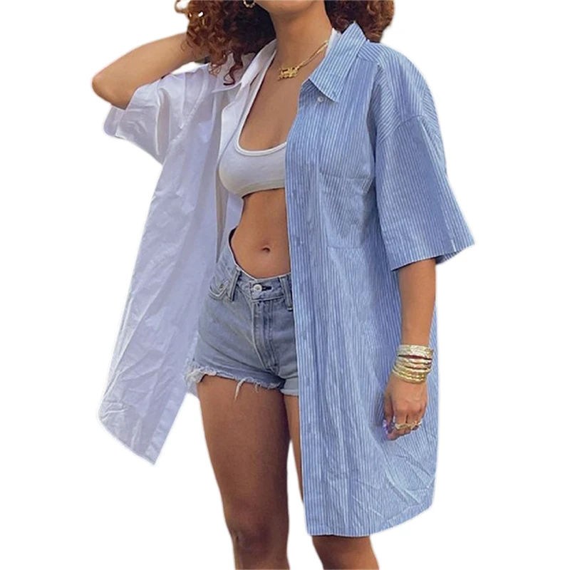 Hirigin 2021 New Fashion Women Loose Style Shirt Blue White Stripe Printed Pattern Short Sleeve Button-down Blouse S/ M/ L
Hirigin 2021 New Fashion Women Loose Style Shirt Blue White Stripe Printed Pattern Short Sleeve Button-down Blouse S/ M/ L