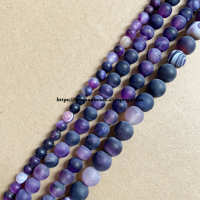 

15" Natural Stone Frost Grind Arenaceous Matte Purple Stripe Agate Onyx Round Loose Beads 6 8 10 12MM Pick Size