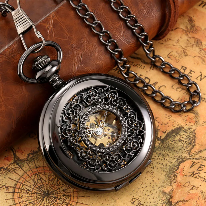 

Black Hollow Out Mechanical Hand Winding Pocket Watch for Men Women Steampunk Half Hunter Clock FOB Pendant Chain Watches Gift