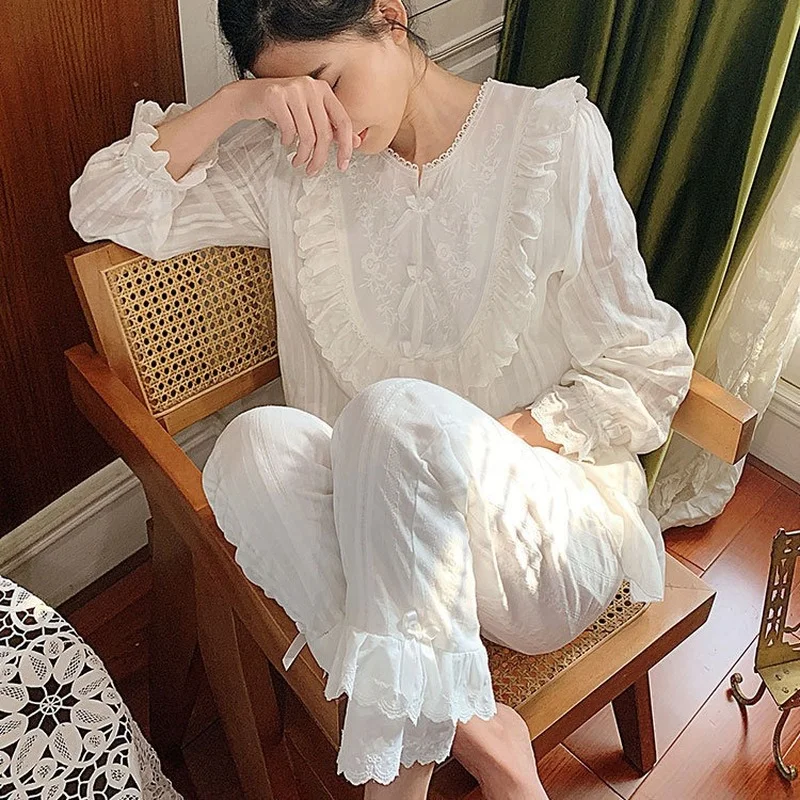 

Women's Lolita Pajama Sets.Lace Embroidered Flowers Tops+Long Pants.Vintage Ladies Pyjamas Set.Victorian Sleepwear Loungewear