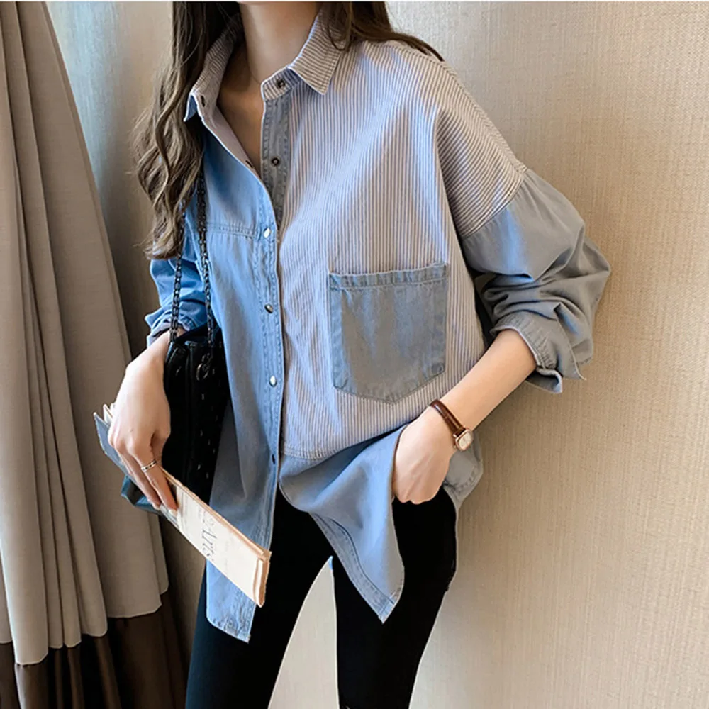 Simplicity Korean Fashion Denim Blouse Autumn New 2021 Loose Casual Single-breasted Lapel Long Sleeve Color Contrast Splicing
Simplicity Korean Fashion Denim Blouse Autumn New 2021 Loose Casual Single-breasted Lapel Long Sleeve Color Contrast Splicing