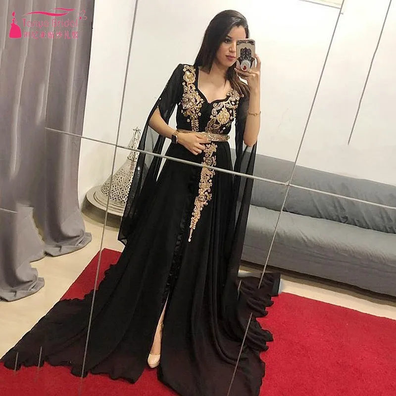 Long Flare Sleeves Black Evening Dresses With Gold Lace Applique Arabic Deep V Split Chiffon Women Lady Formal Prom Gown DQG1178
Long Flare Sleeves Black Evening Dresses With Gold Lace Applique Arabic Deep V Split Chiffon Women Lady Formal Prom Gown DQG1178