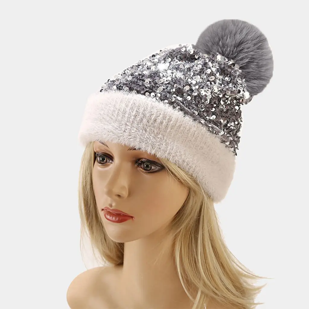 

Women Knit Slouchy Beanie Chunky Baggy Hat with Faux Fur Pompom Winter Soft Warm Ski Hat