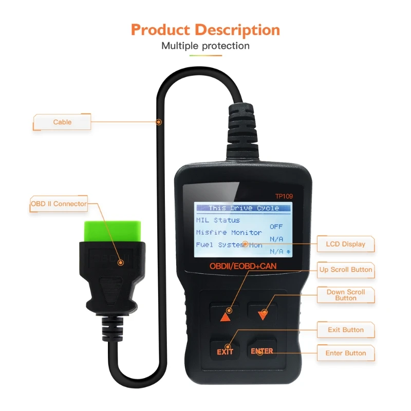 TP109 OBD2 Car Scanner OBDII Engine Code Reader Clear Fault Code Car Diagnostic Tool Multilingual DTC Query Engine Scanner 
TP109 OBD2 Car Scanner OBDII Engine Code Reader Clear Fault Code Car Diagnostic Tool Multilingual DTC Query Engine Scanner