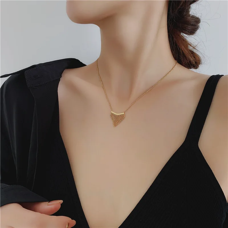 Stainless Steel Triangle Tassel Necklace, Gold, Simple, Elegant, Pendant, Trendy, Wedding, Party, Delicate Jewelry Accessories
Stainless Steel Triangle Tassel Necklace, Gold, Simple, Elegant, Pendant, Trendy, Wedding, Party, Delicate Jewelry Accessories