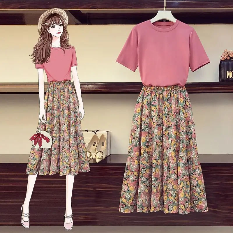 

2023 Summer Sweet 2 Piece Set Short Sleeve Top + Floral Pleated Skirt Suit Two Piece Sets Office Lady Women Clothing X59