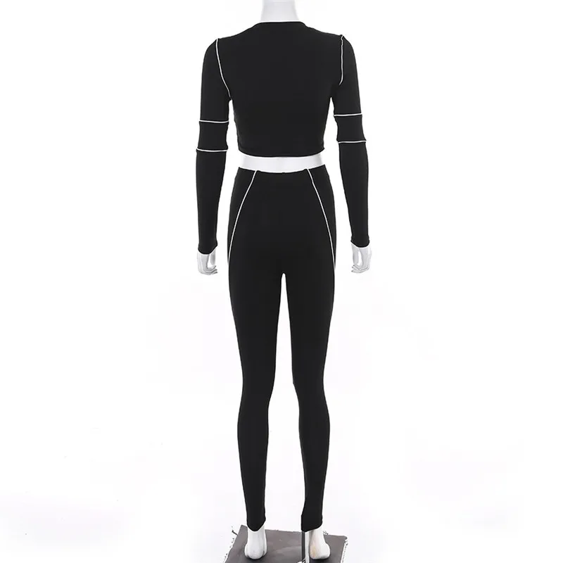 Women's Fitness Active Sportswear Pure Black Long Sleeve Crop Top White Striped Patchwork High Waist Leggings
Women's Fitness Active Sportswear Pure Black Long Sleeve Crop Top White Striped Patchwork High Waist Leggings