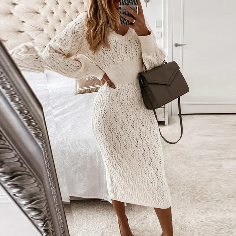 Autumn Sexy V-neck Office Lady Knit Sweater Dress Winter Elegant Lantern Sleeve Women Slim Long Dress Fashion Solid Party Dress
Autumn Sexy V-neck Office Lady Knit Sweater Dress Winter Elegant Lantern Sleeve Women Slim Long Dress Fashion Solid Party Dress