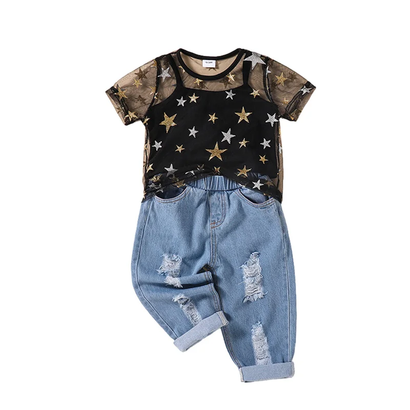 Girls Clothes Set, Star Print Perspective Short Sleeve O-neck Tops + Ripped Long Jeans with Tassels
Girls Clothes Set, Star Print Perspective Short Sleeve O-neck Tops + Ripped Long Jeans with Tassels