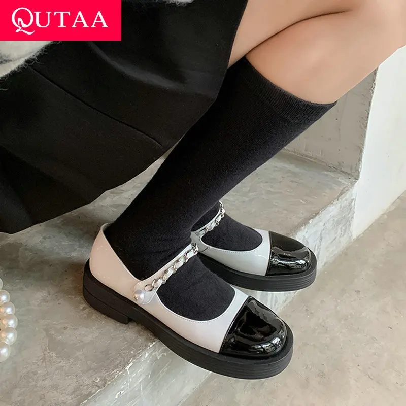 Женские туфли из коровьей лакированной кожи QUTAA, разноцветные туфли на плоской подошве с круглым носком, размеры 34-39, для осени, 2021 
Женские туфли из коровьей лакированной кожи QUTAA, разноцветные туфли на плоской подошве с круглым носком, размеры 34-39, для осени, 2021