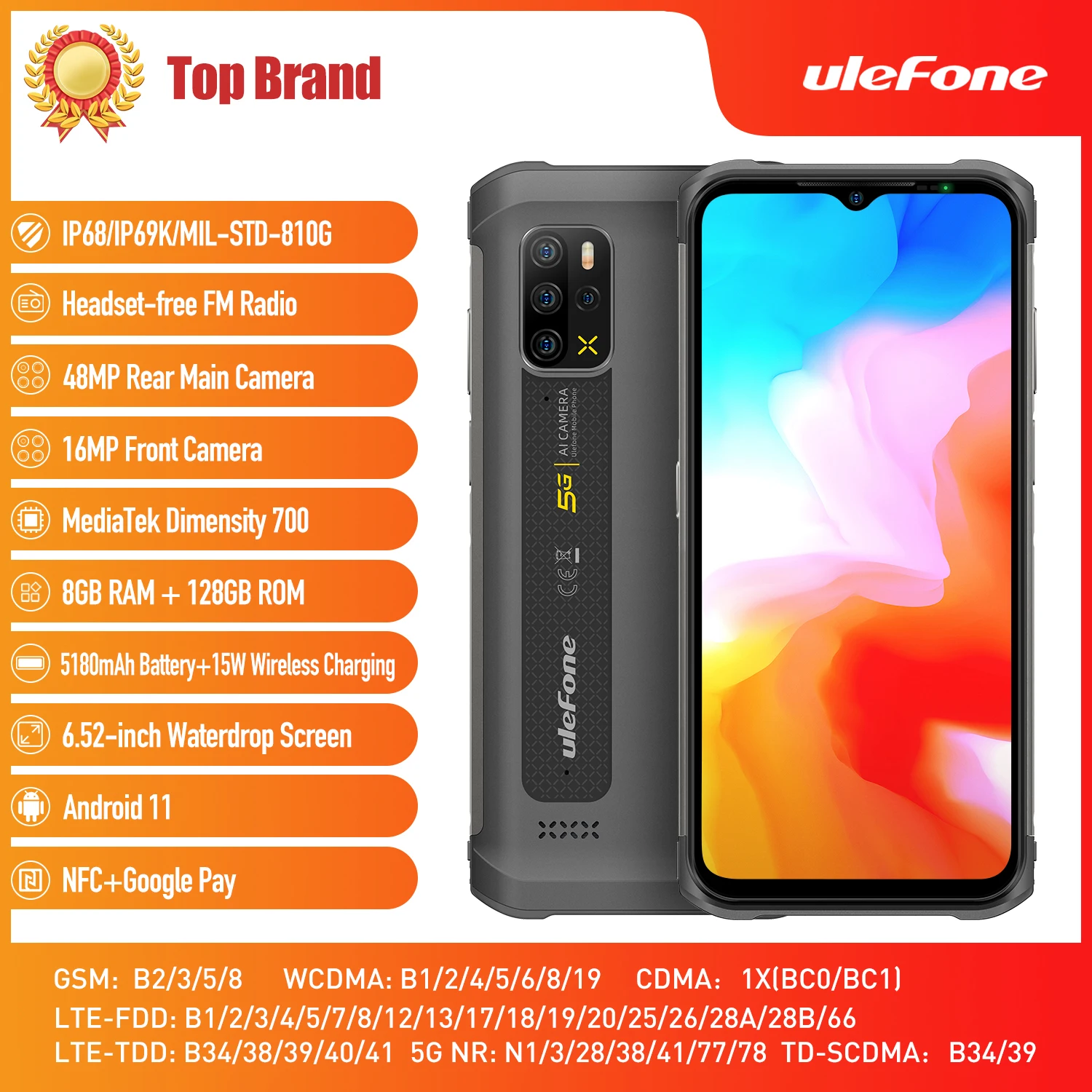 

Ulefone Armor 12 Global Version 5G Waterproof Mobile Phone Android 11 8GB+128GB 6.52“5180 mAh Wireless Charging NFC Rugged Phone