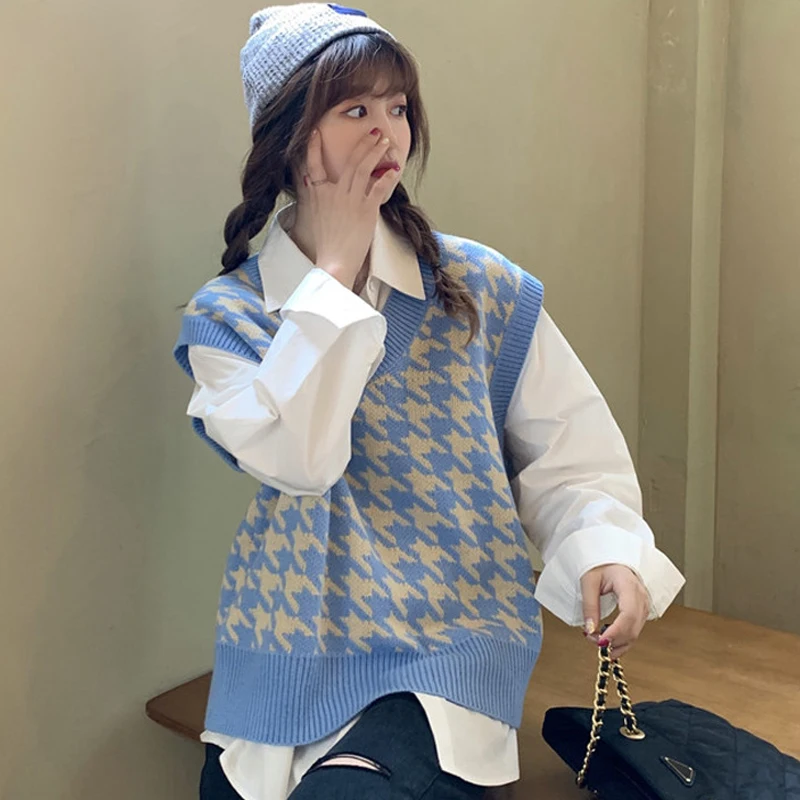 Houndstooth Sweater Vest Women V Neck Loose Pullover Knitted Sweater Oversized Ladies Short Autumn Spring Tops Femme Streetwear
Houndstooth Sweater Vest Women V Neck Loose Pullover Knitted Sweater Oversized Ladies Short Autumn Spring Tops Femme Streetwear
