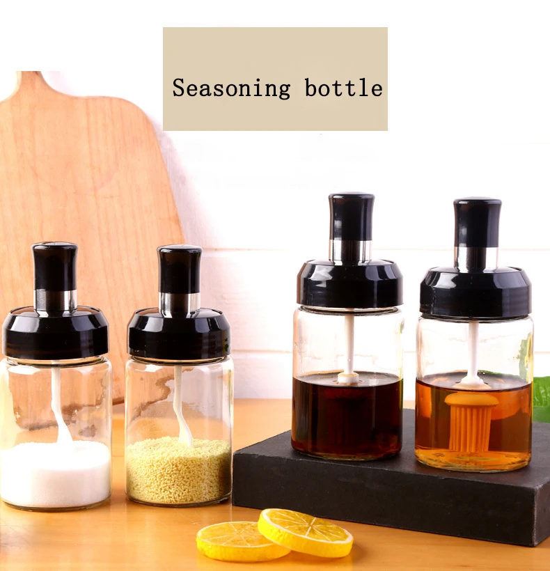 

250ml Glass Sealed Seasoning Bottle Spoon Cover Integrated Brush Honey Jar Oil Pot Pepper Spray Spice Rack Salt Container