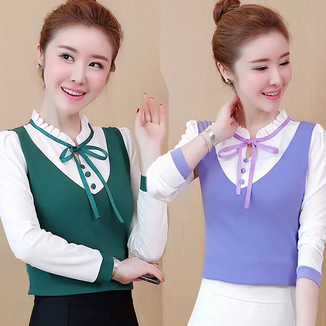 Spring Autumn 2020 Women Long Sleeved Tie Bow Stand Up Collar Shirt & Blouse Female Vacation Two-piece Stitching Bottoming Tops
Spring Autumn 2020 Women Long Sleeved Tie Bow Stand Up Collar Shirt & Blouse Female Vacation Two-piece Stitching Bottoming Tops
