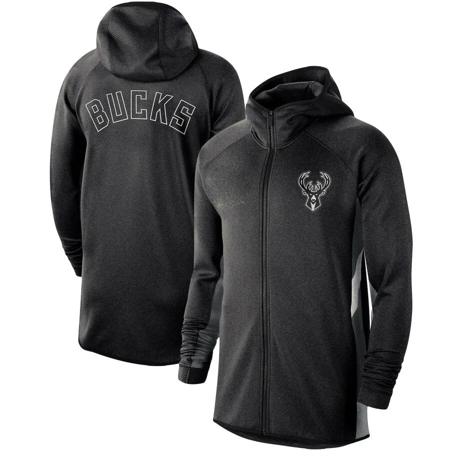 

Men Milwaukee Heather Black Bucks Authentic Showtime Therma Flex Performance Full-Zip Hoodie