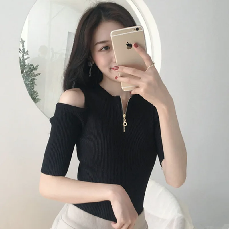 Woman TShirts Knitted T-shirt Zipper Short Sleeve Striped Crop Top Mujer Camisetas
Woman TShirts Knitted T-shirt Zipper Short Sleeve Striped Crop Top Mujer Camisetas