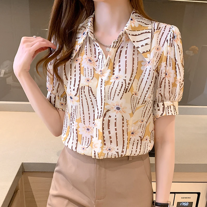 Houthion Chiffon Slim Women's Blouses New Casual Blouse Fashion Short Sleeve Top Printing Buttons Polo Shirt Summer 
Houthion Chiffon Slim Women's Blouses New Casual Blouse Fashion Short Sleeve Top Printing Buttons Polo Shirt Summer