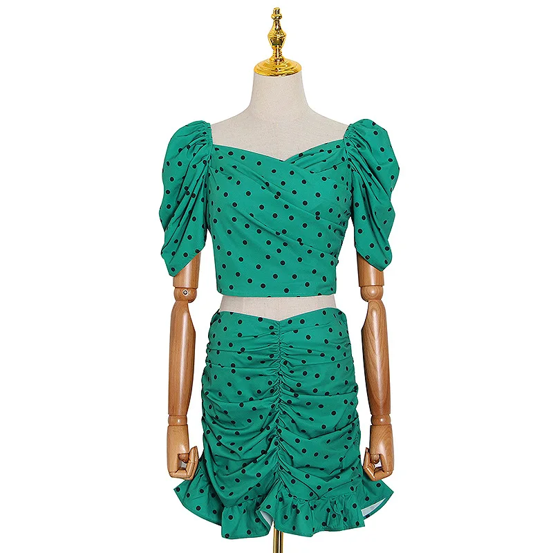 Fashion vintage green polka dot crop top print draped overskirt women's suit
Fashion vintage green polka dot crop top print draped overskirt women's suit