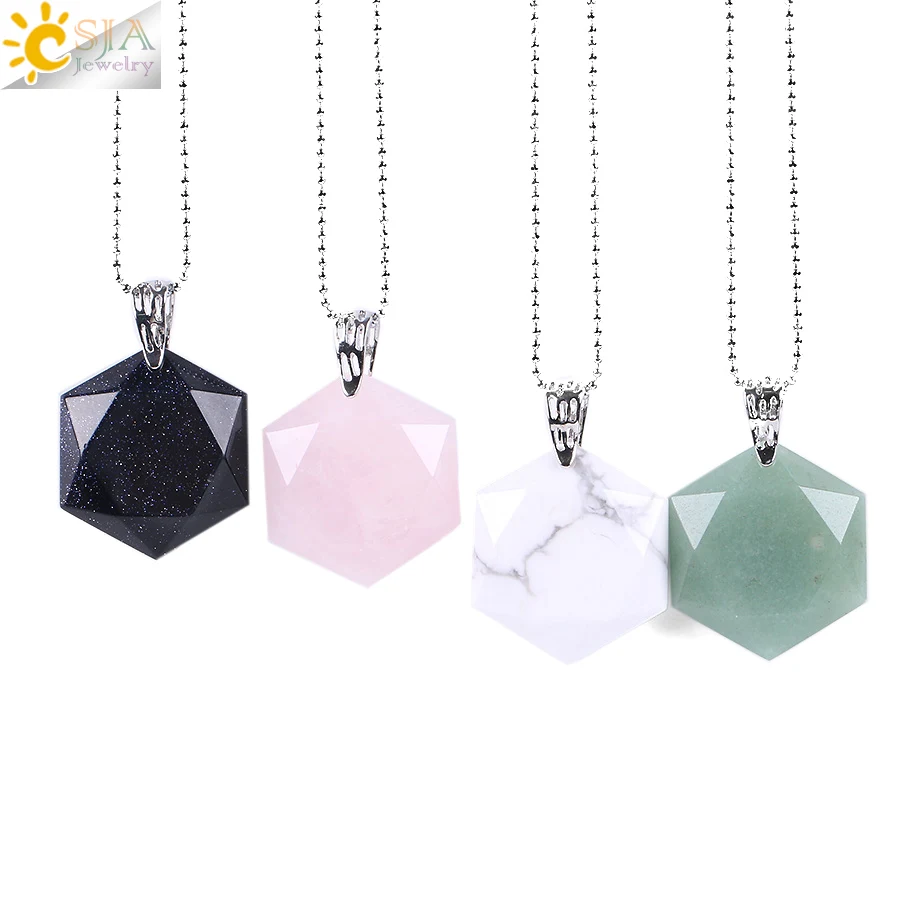 

CSJA Faceted Hexagonal Natural Gem Stone Necklaces & Pendants Opal Lapis Lazuli Pink Quartz Tiger Eye Chakra Reiki Jewelry E643