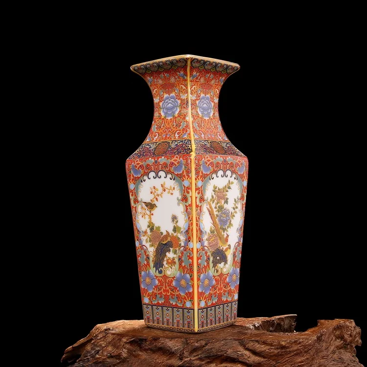 

Античная керамическая ваза Qing Yong Zheng, эмалированная позолоченная квадратная ваза с цветами и птицами, античный фарфор, коллекция древнего ф...