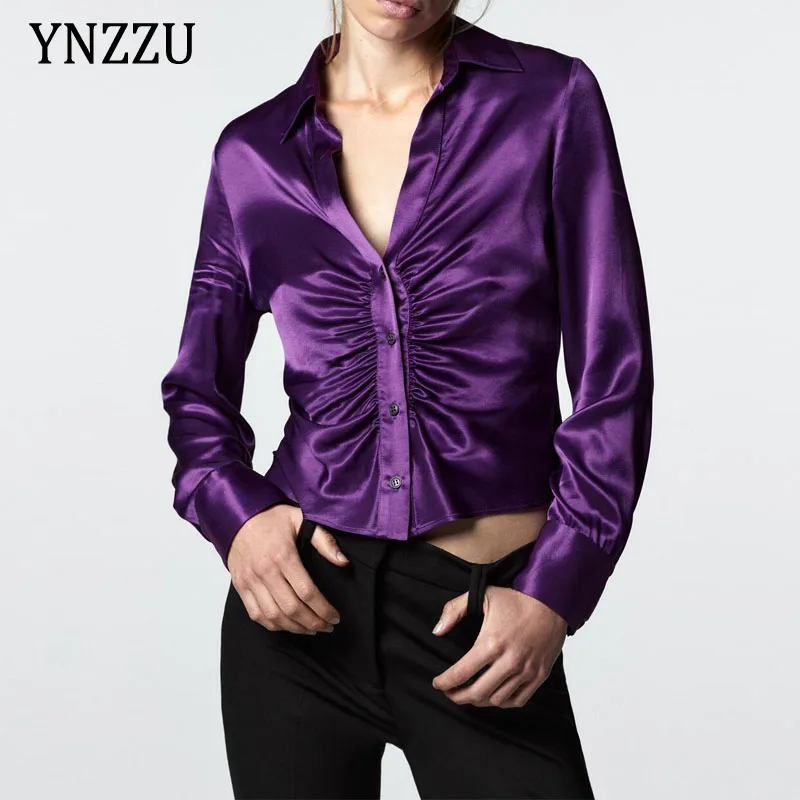 Sexy Fold Satin Blouse Women Spring Summer Fashion V-neck Single breasted Slim Shirt Female Tops Purple Office lady YNZZU 1T145
Sexy Fold Satin Blouse Women Spring Summer Fashion V-neck Single breasted Slim Shirt Female Tops Purple Office lady YNZZU 1T145