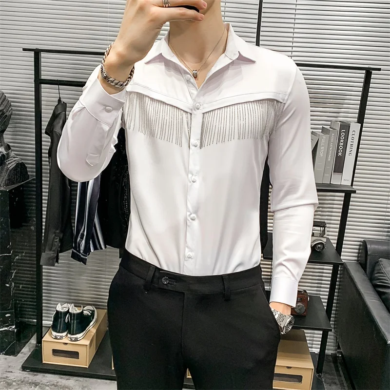 Spring New Fashion Long Sleeve Tassel Decor Tuxedo Shirts for Men Clothing 2021 Simple Solid Slim Fit Casual Dress Blouse Homme
