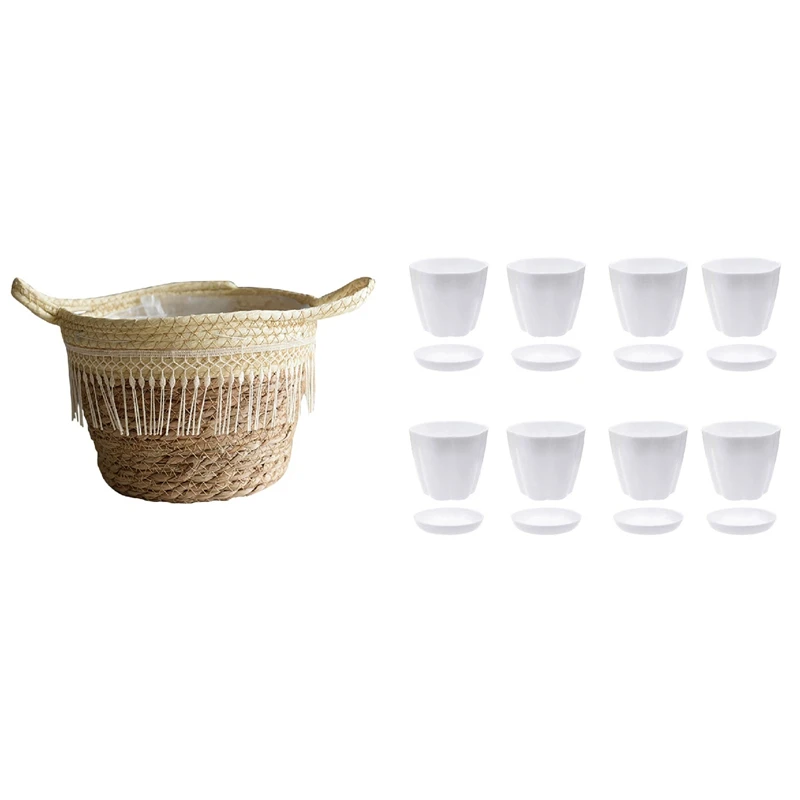 8 Pack 6.3Inch White Plastic Flower Plant Pots With Saucer Pallet & 1X Woven Flower Pot Basket, Medium
8 Pack 6.3Inch White Plastic Flower Plant Pots With Saucer Pallet & 1X Woven Flower Pot Basket, Medium