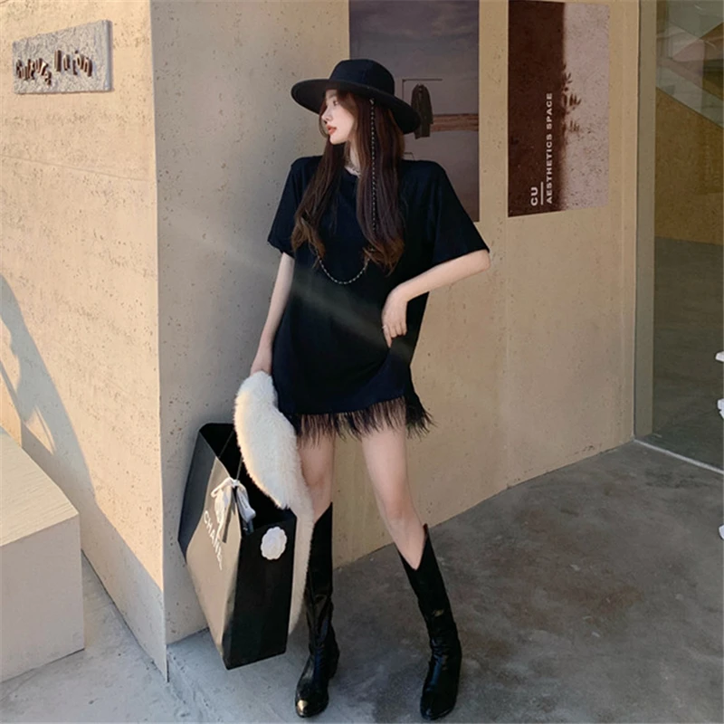 Korean Style Short-sleeved Feather-trimmed T-shirt Dress Two-wear Summer Loose Mid-length Casual Hong Kong Style Top Women's Hot
Korean Style Short-sleeved Feather-trimmed T-shirt Dress Two-wear Summer Loose Mid-length Casual Hong Kong Style Top Women's Hot