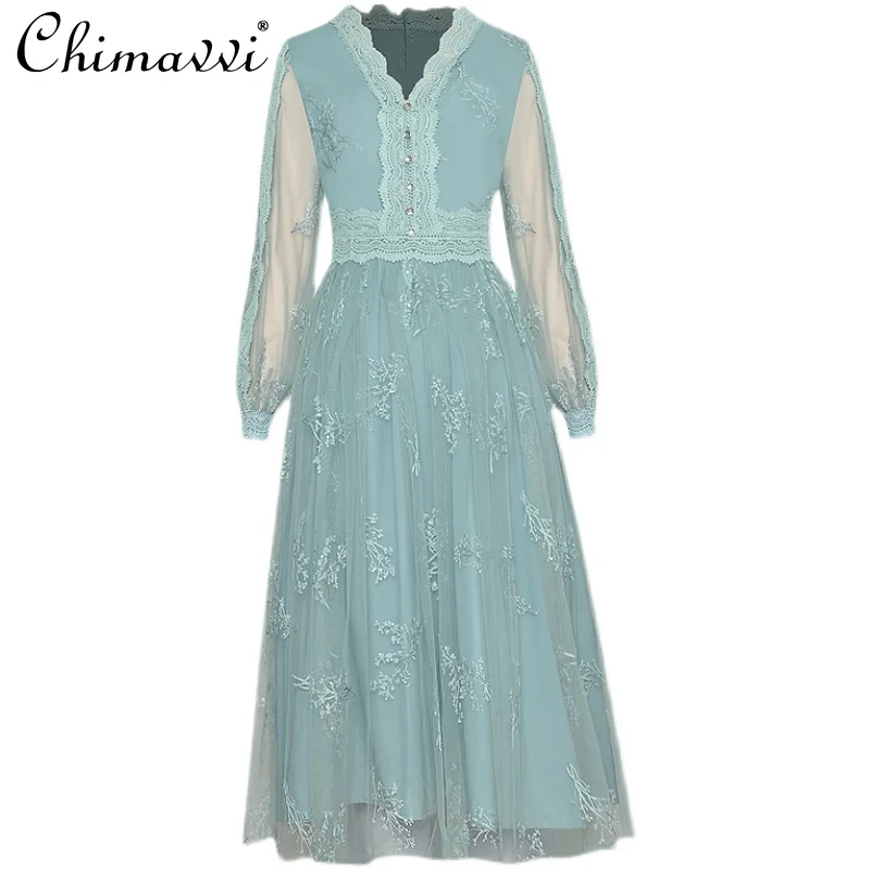 Fashion V-neck Lantern Sleeves Long Sleeve Dress High Waist Mesh Large Swing Sequined Embroidered Dress 2021 Autumn Clothes
Fashion V-neck Lantern Sleeves Long Sleeve Dress High Waist Mesh Large Swing Sequined Embroidered Dress 2021 Autumn Clothes