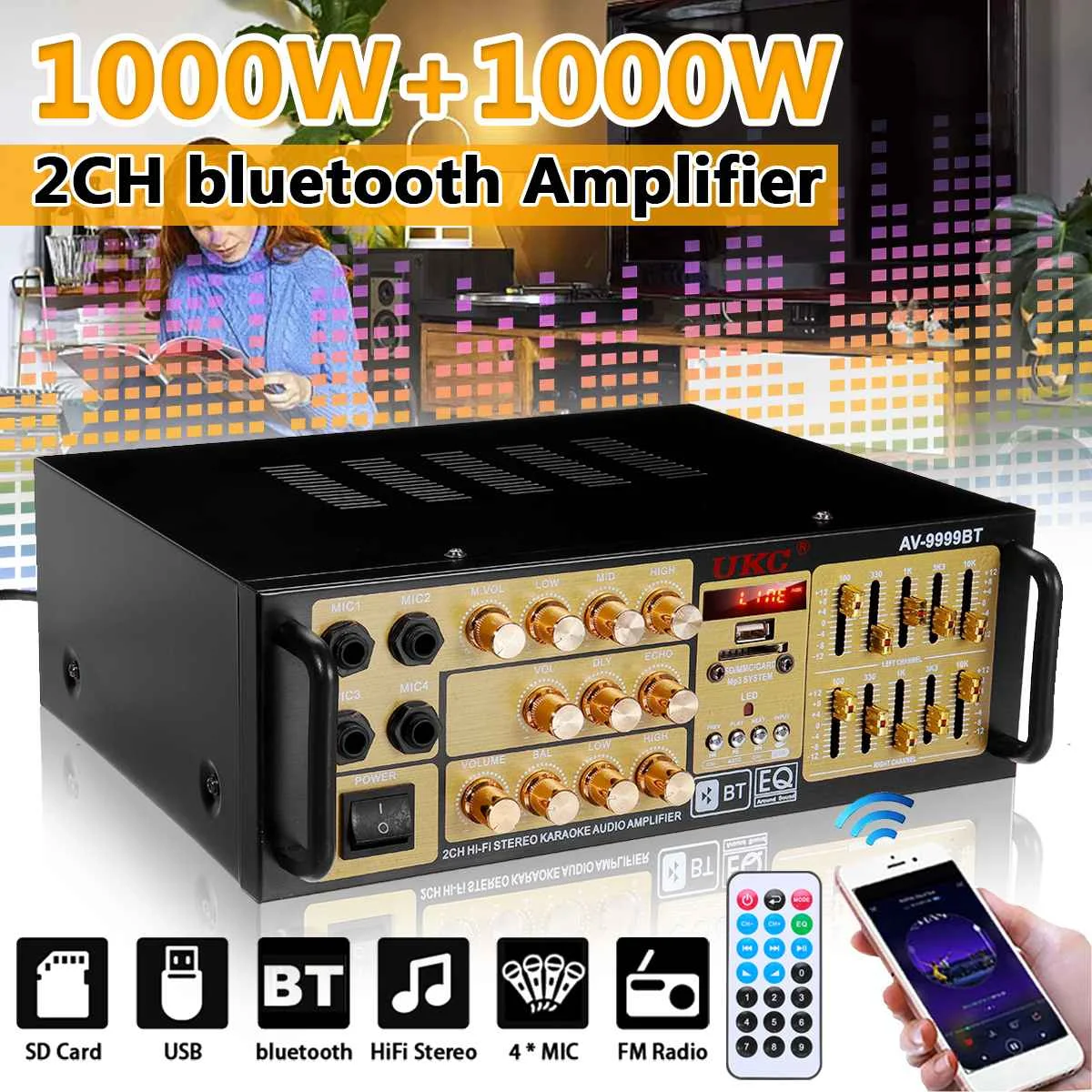 2000W 12V/220V Power Amplifier bluetooth Stereo Home Car BASS Audio Amp Music Player Speaker EQ Mixer 4 Mic FM USB SD U disk MP3
2000W 12V/220V Power Amplifier bluetooth Stereo Home Car BASS Audio Amp Music Player Speaker EQ Mixer 4 Mic FM USB SD U disk MP3