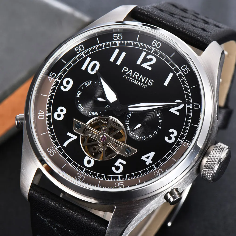 

Parnis 48mm Mens Watch Black Dial Automatic Leather Strap Calendar Week Display Skeleton Tourbillon Mechanical Wristwatch Men