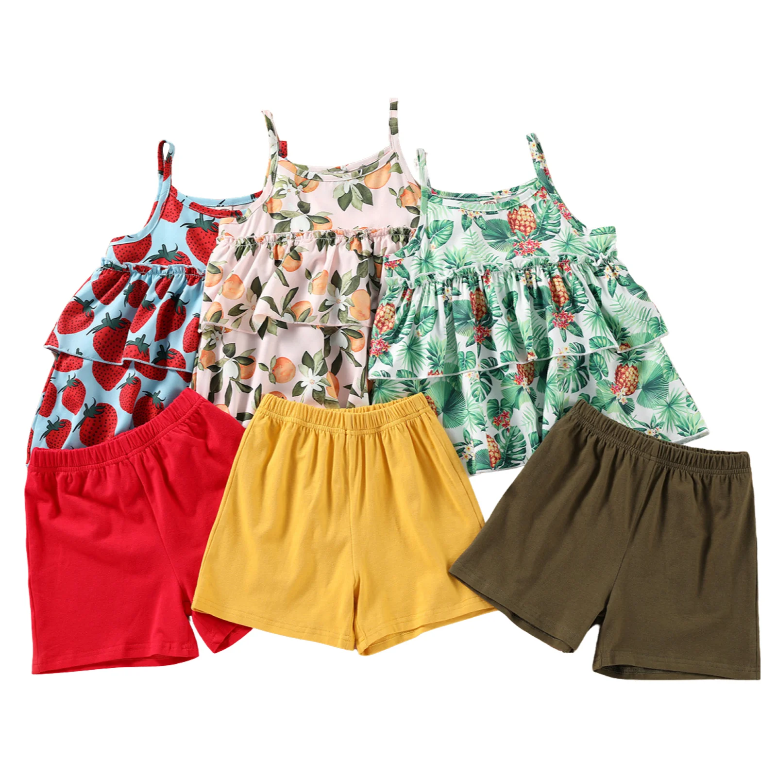 2021 Casual Girl\u2019s Summer Two Piece Set Fashion Fruit Print Suspender Tops and Solid Color Short Pants
2021 Casual Girl\u2019s Summer Two Piece Set Fashion Fruit Print Suspender Tops and Solid Color Short Pants