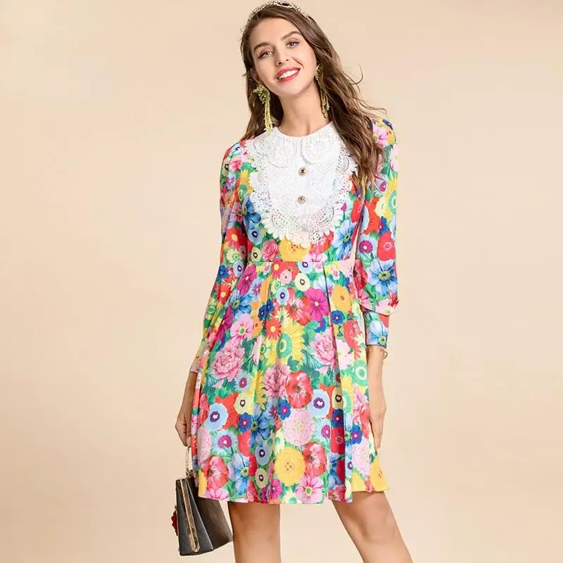 Fashion Runway Autumn Mini Dress Women's Splice White Lace Peter pan Collar Long sleeve Floral print Short Dress
Fashion Runway Autumn Mini Dress Women's Splice White Lace Peter pan Collar Long sleeve Floral print Short Dress