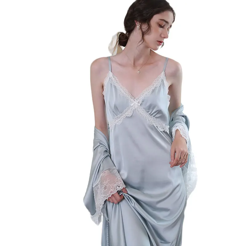 Women's Pajamas Two-piece Sexy Spring Autumn Ice Silk Long-sleeved Lace Suspender Nightdress Robe Mid-length Summer Home Clothes
Women's Pajamas Two-piece Sexy Spring Autumn Ice Silk Long-sleeved Lace Suspender Nightdress Robe Mid-length Summer Home Clothes